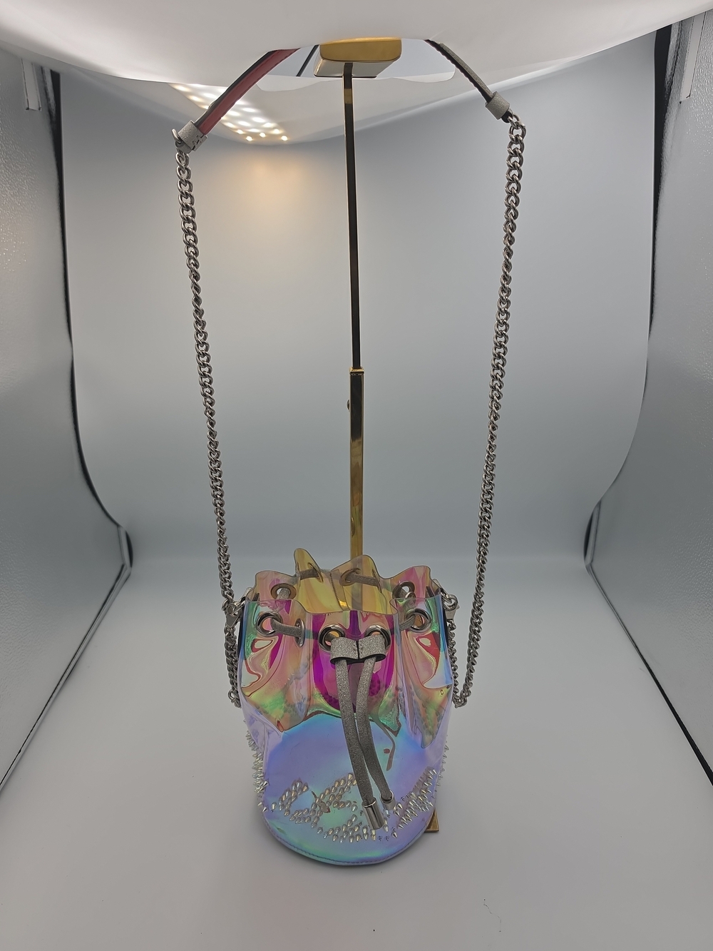 Christian Louboutin Irredesent W Silver Small Chain Bucket Crossbody (FAIR)COA🩶 - Picture 5 of 16